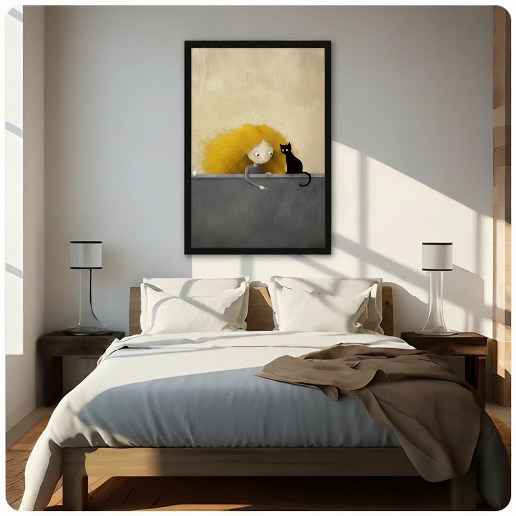Framed whimsical illustration curly golden hair girl and black cat peeking over grey wall canvas print above wooden bed in sunlit minimalist bedroom - charming girl with black cat and white mouse wall art on warm cream background for contemporary bedroom home decor
