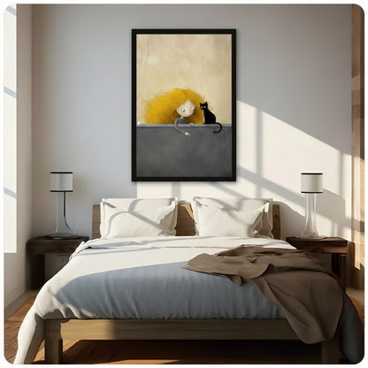 Framed whimsical illustration curly golden hair girl and black cat peeking over grey wall canvas print above wooden bed in sunlit minimalist bedroom - charming girl with black cat and white mouse wall art on warm cream background for contemporary bedroom home decor