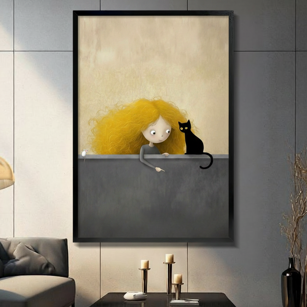 Framed whimsical illustration curly golden hair girl and black cat peeking over grey wall canvas print on dark grey tile wall in modern living room - charming girl with black cat and white mouse wall art on warm cream background for contemporary home decor