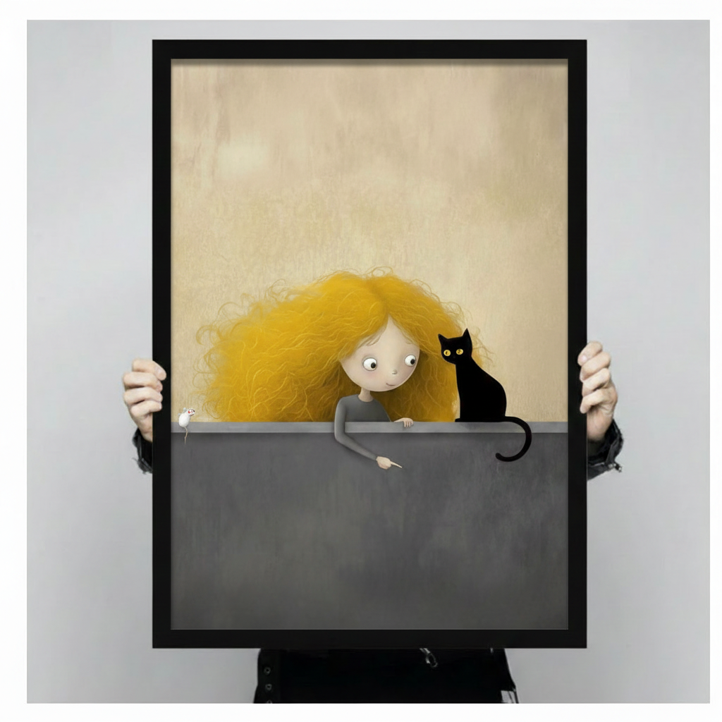 Person holding large framed whimsical illustration curly golden hair girl and black cat peeking over grey wall canvas print with both hands - close up view of charming girl with black cat and white mouse wall art on soft cream background with black frame finish