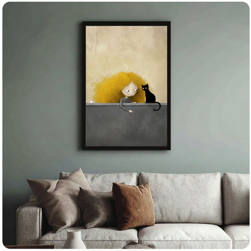 Framed whimsical illustration curly golden hair girl and black cat peeking over grey wall canvas print above cream sofa on sage green wall - charming girl with black cat and white mouse illustration wall art with warm cream background for stylish living room decor