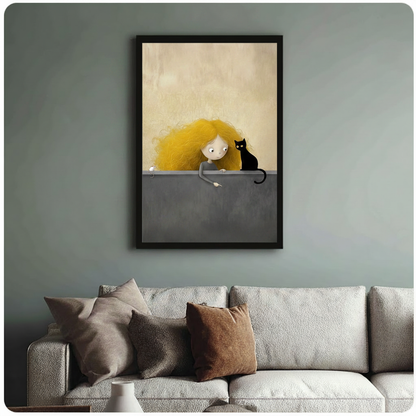 Framed whimsical illustration curly golden hair girl and black cat peeking over grey wall canvas print above cream sofa on sage green wall - charming girl with black cat and white mouse illustration wall art with warm cream background for stylish living room decor