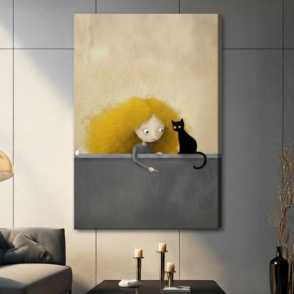 Unframed whimsical illustration curly golden hair girl and black cat peeking over grey wall canvas print on dark grey tile wall in contemporary living room - playful girl with black cat and white mouse wall art on soft beige background for modern interior decor