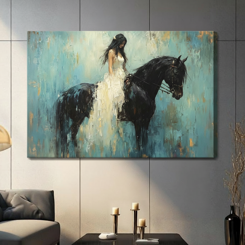 Gallery wrap stretched canvas of a dreamy long-haired girl in a layered white lace dress sitting pensively on a black horse with leather bridle against a thick impasto teal blue and gold abstract background hung frameless on a gray wall above a dark sofa