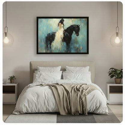 Black framed ethereal white dress girl on black horse romantic impressionist canvas wall art with teal and gold textured abstract background hung above a beige upholstered bed with white linen bedding in a soft minimalist bedroom with glass pendant lights