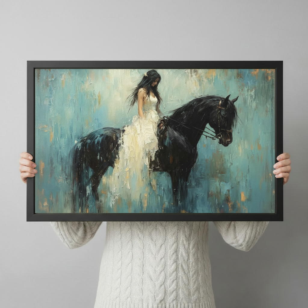 Person in white cable knit sweater holding a large black framed romantic white dress girl riding a black horse impressionist oil painting canvas art print with teal gold abstract background, front-facing horizontal product size display
