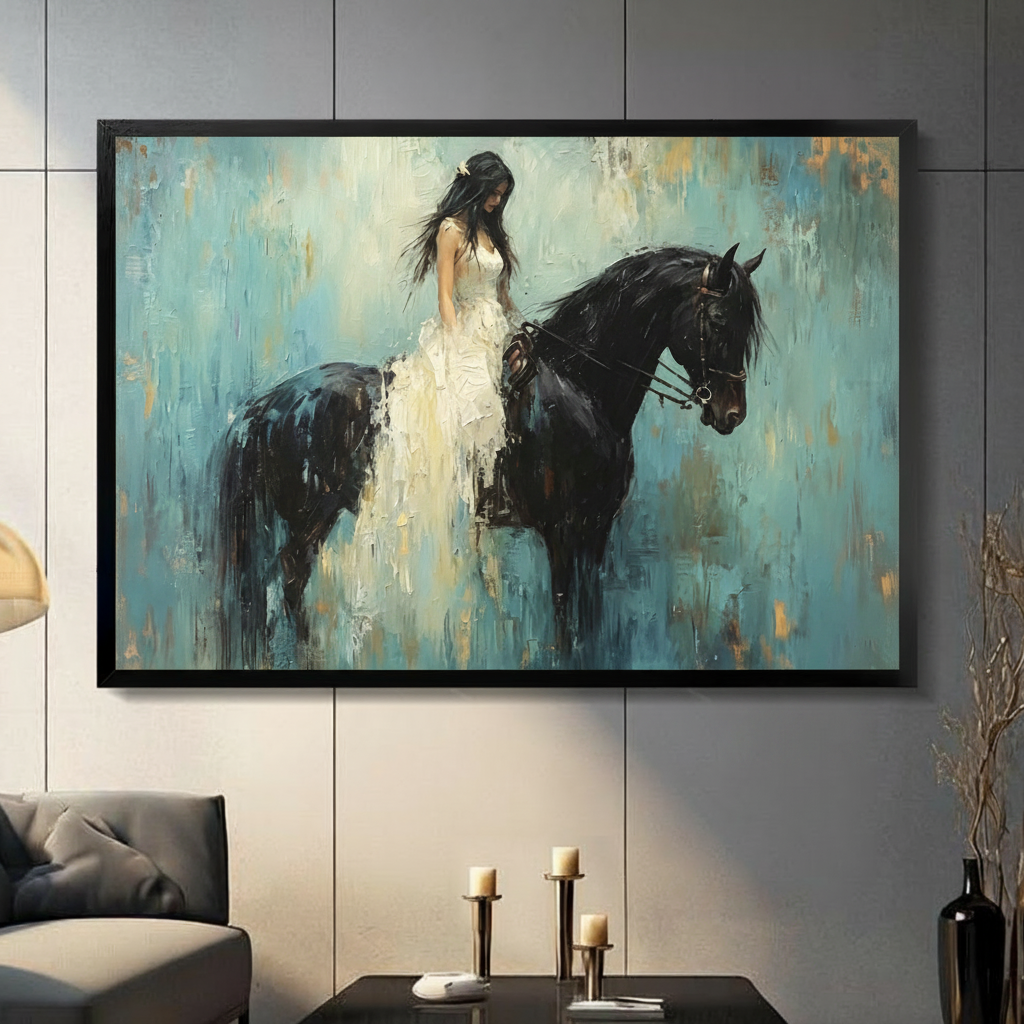 Black framed romantic white dress girl with long dark hair riding a black horse in a teal and gold abstract impressionist oil painting canvas wall art displayed in a modern gray living room with dark sofa black coffee table and metal candlestick holders