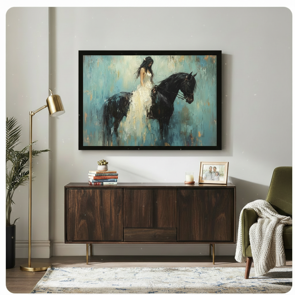 Black framed elegant girl in white ruffle dress riding a black horse romantic oil painting canvas art with teal blue gold impasto background hung on a light gray wall above a dark walnut sideboard with stacked books succulent and gold floor lamp