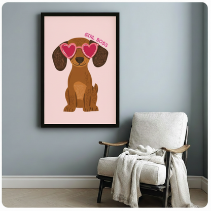 Girl Boss dachshund framed canvas print above sofa in modern American living room — pink dog wall art statement piece