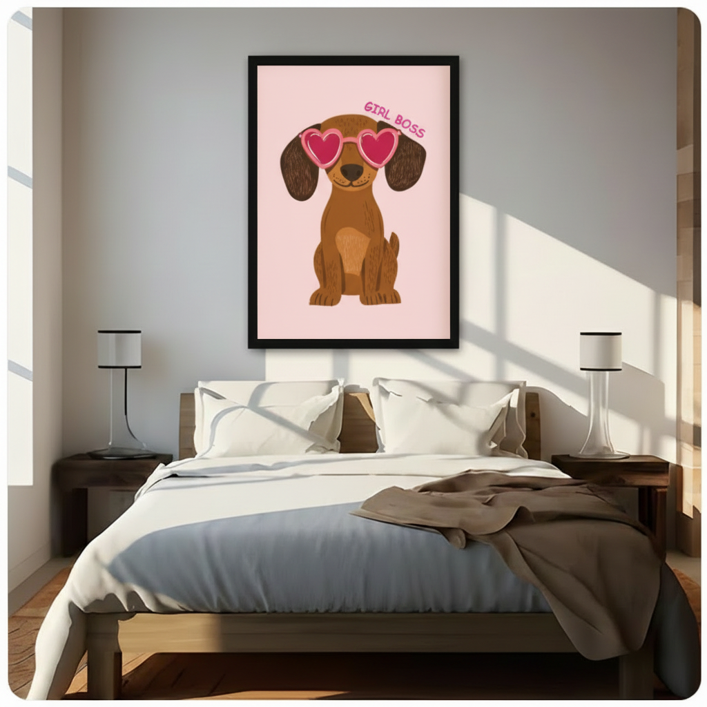 Girl Boss dachshund framed canvas above bed in styled bedroom — empowering pink dog art for girls room decor