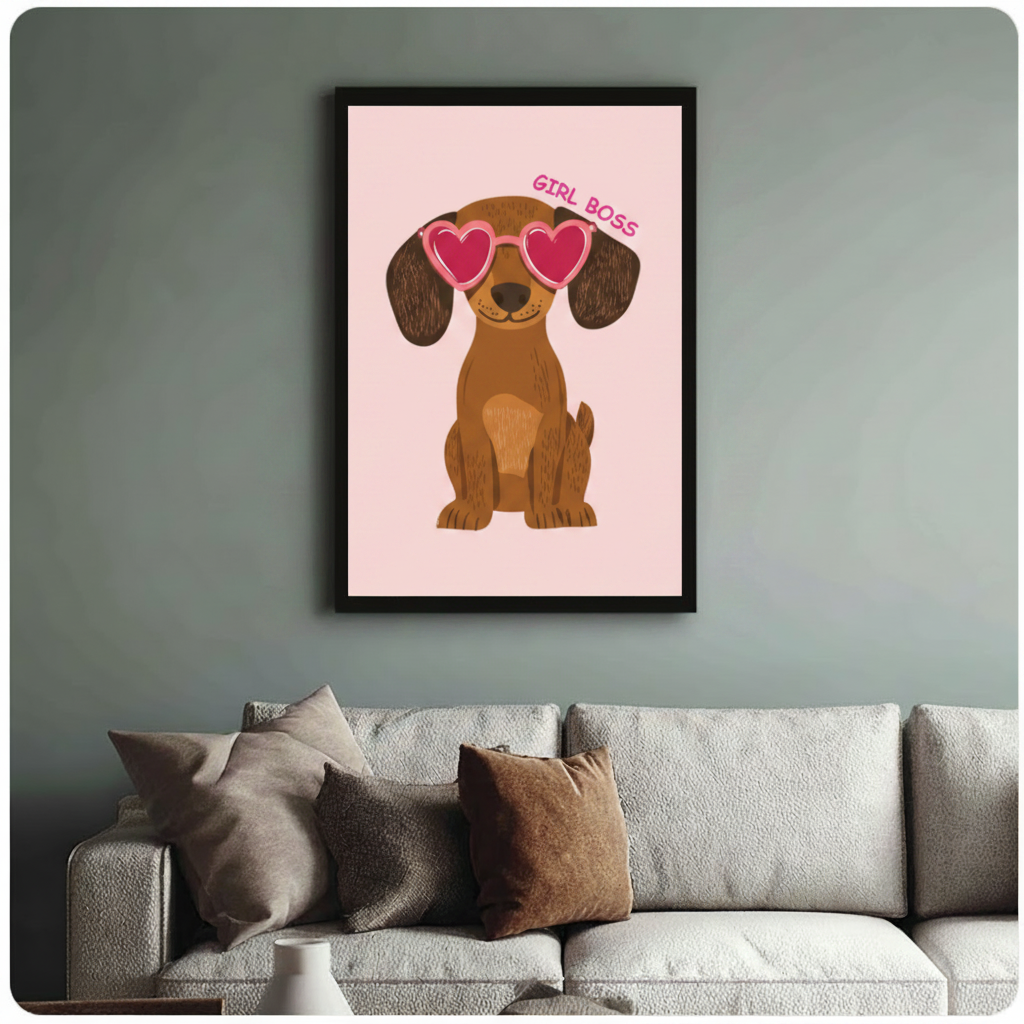 Girl Boss dachshund framed canvas displayed above light gray sofa — trendy pink heart sunglasses dog wall art