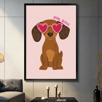 Girl Boss dachshund framed canvas print above sofa in modern American living room — pink dog wall art statement piece
