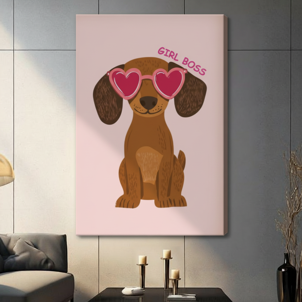 Girl Boss dachshund stretched canvas print beside floor lamp in contemporary living room — frameless pink dog wall decor