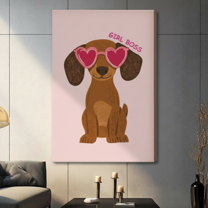 Girl Boss dachshund stretched canvas print beside floor lamp in contemporary living room — frameless pink dog wall decor