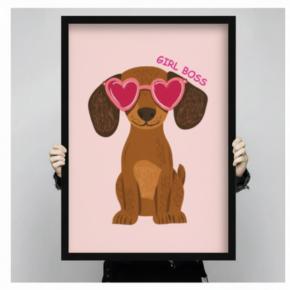 Girl Boss dachshund canvas print product display on white background — premium dog lover wall art ready to hang
