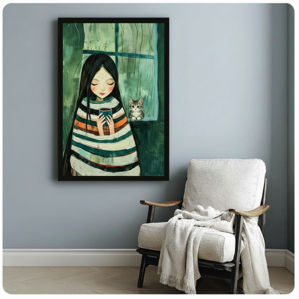 Whimsical girl and cat rainy day coffee illustration black framed poster beside armchair on blue grey wall