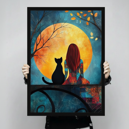 Person holding black framed oil painting style art print of girl and cat under full moon close-up product view