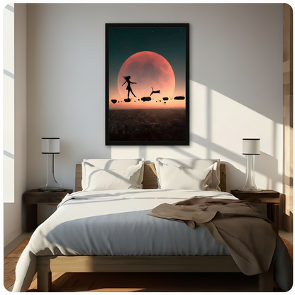 Framed girl and cat stepping stone silhouette wall art hung above a wooden bed in a bright sunlit bedroom with white bedding