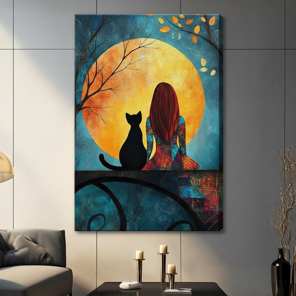 Girl and black cat moonlit night with autumn tree stretched canvas print in teal and orange tones on grey wall