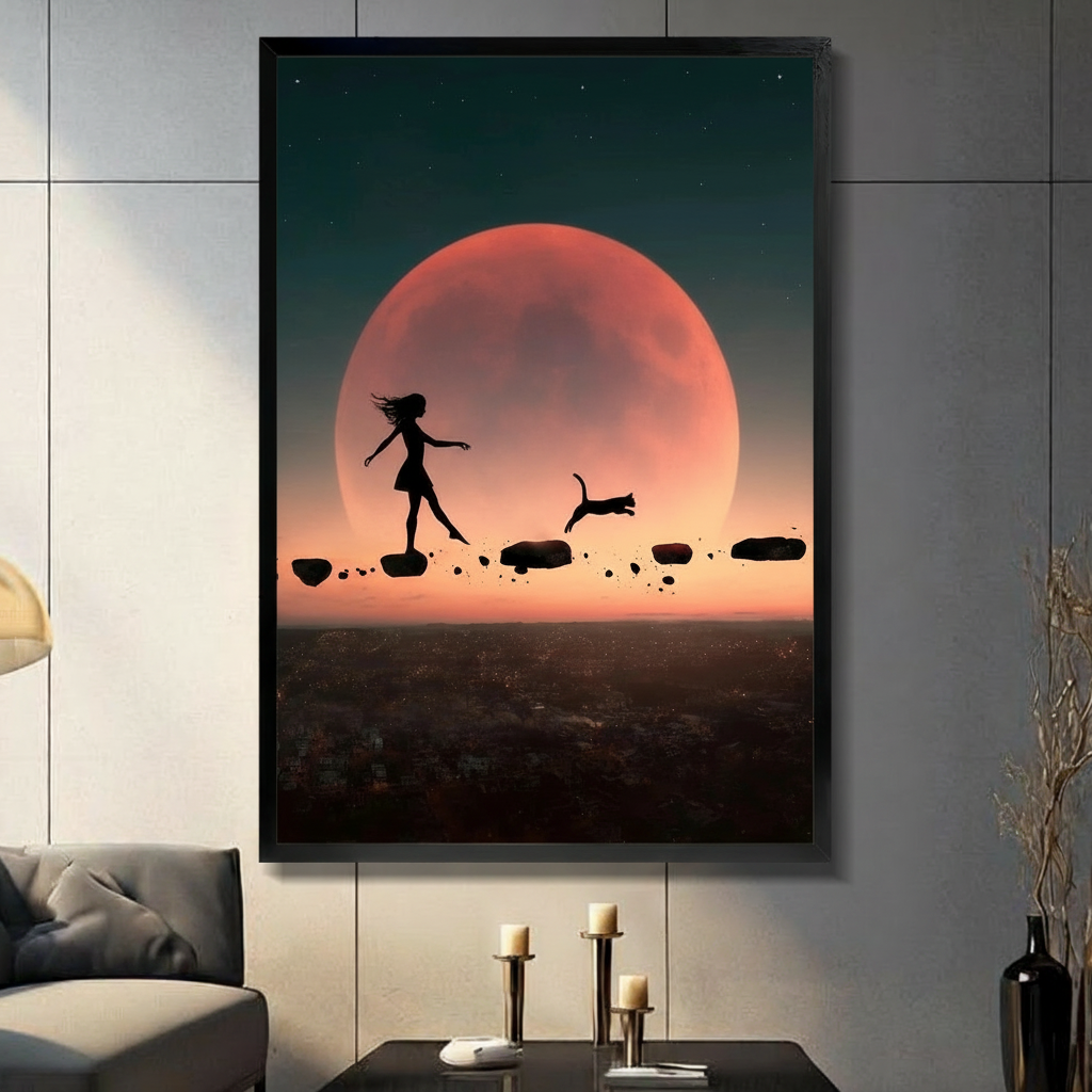 Framed girl and cat silhouette wall art with giant red moon above stepping stones displayed in a moody dark living room with candlesticks