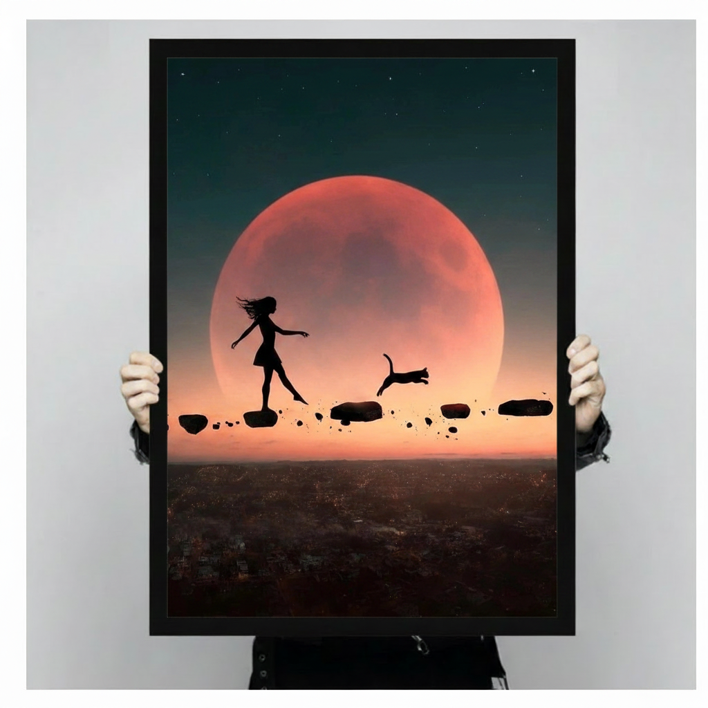 Person holding a large black framed girl and cat silhouette print showing size scale with dramatic red moon and starry sky background