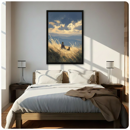 Framed oil painting style canvas of a girl and her dog resting in a sunlit golden meadow overlooking misty blue mountains, displayed above a bed in a bright minimalist bedroom with warm wood furniture — peaceful girl and dog wall decor