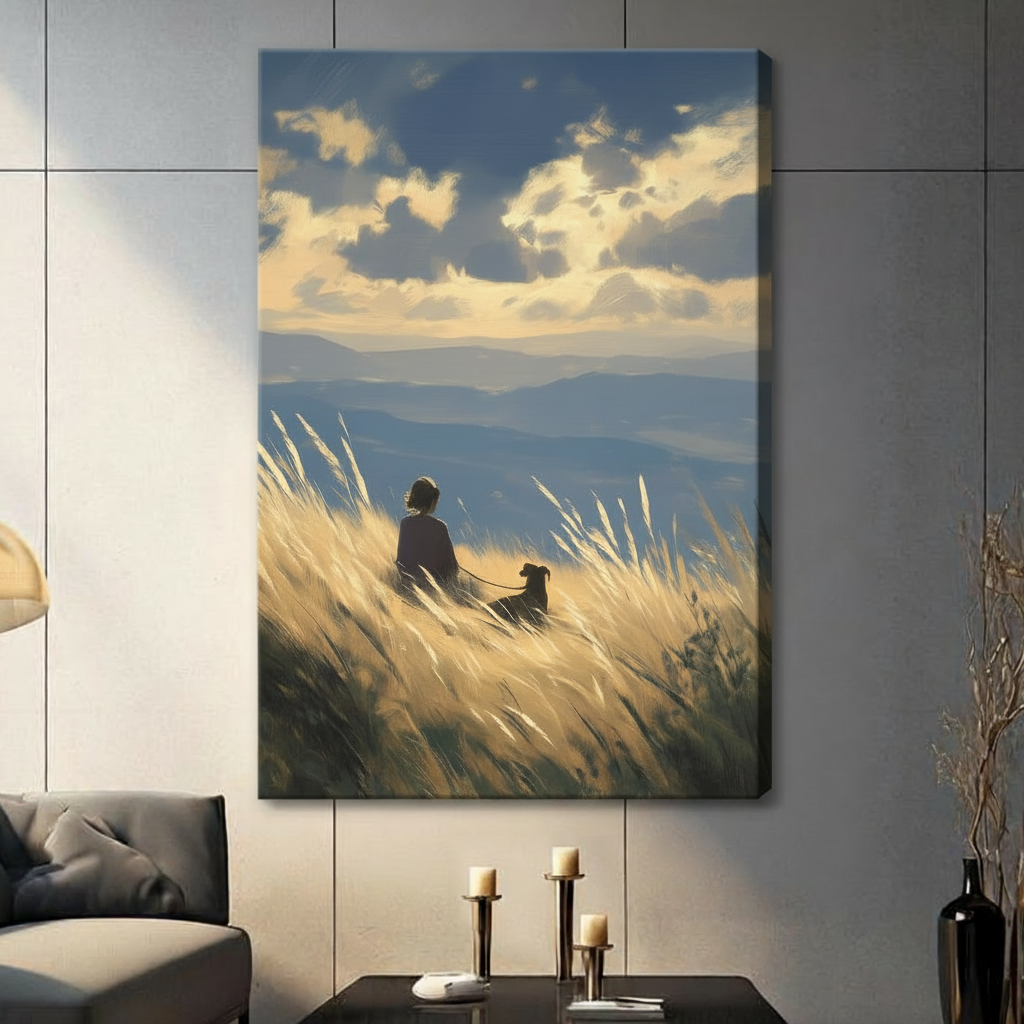 Stretched canvas print of an oil painting style scene showing a young girl and her dog resting in sun-drenched golden meadow grass with sweeping blue mountain ridges and glowing clouds, gallery-wrapped on a grey tile wall
