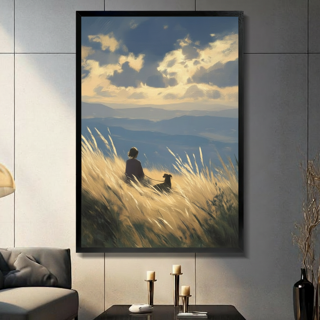 Framed canvas wall art of a girl and her dog sitting together in golden tall grass on a hillside overlooking blue mountains under dramatic clouds, displayed on a grey tile wall in a modern living room with candlesticks
