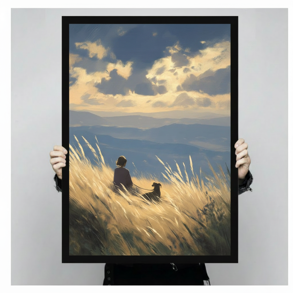 Hand-held display of a black-framed canvas art print featuring an oil painting of a girl and her dog sitting side by side in glowing golden tall grass with dramatic clouds and blue mountain panorama — serene nature wall art