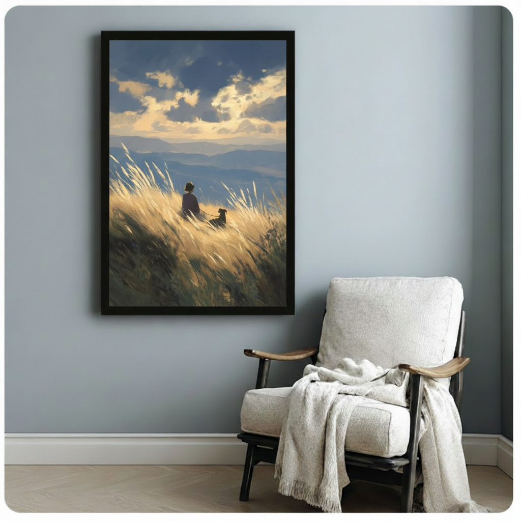 Framed impressionist oil painting canvas of a girl and her dog sitting peacefully on a golden grass hillside with layered blue mountains in the distance, hung on a soft blue-grey wall beside a cozy linen armchair
