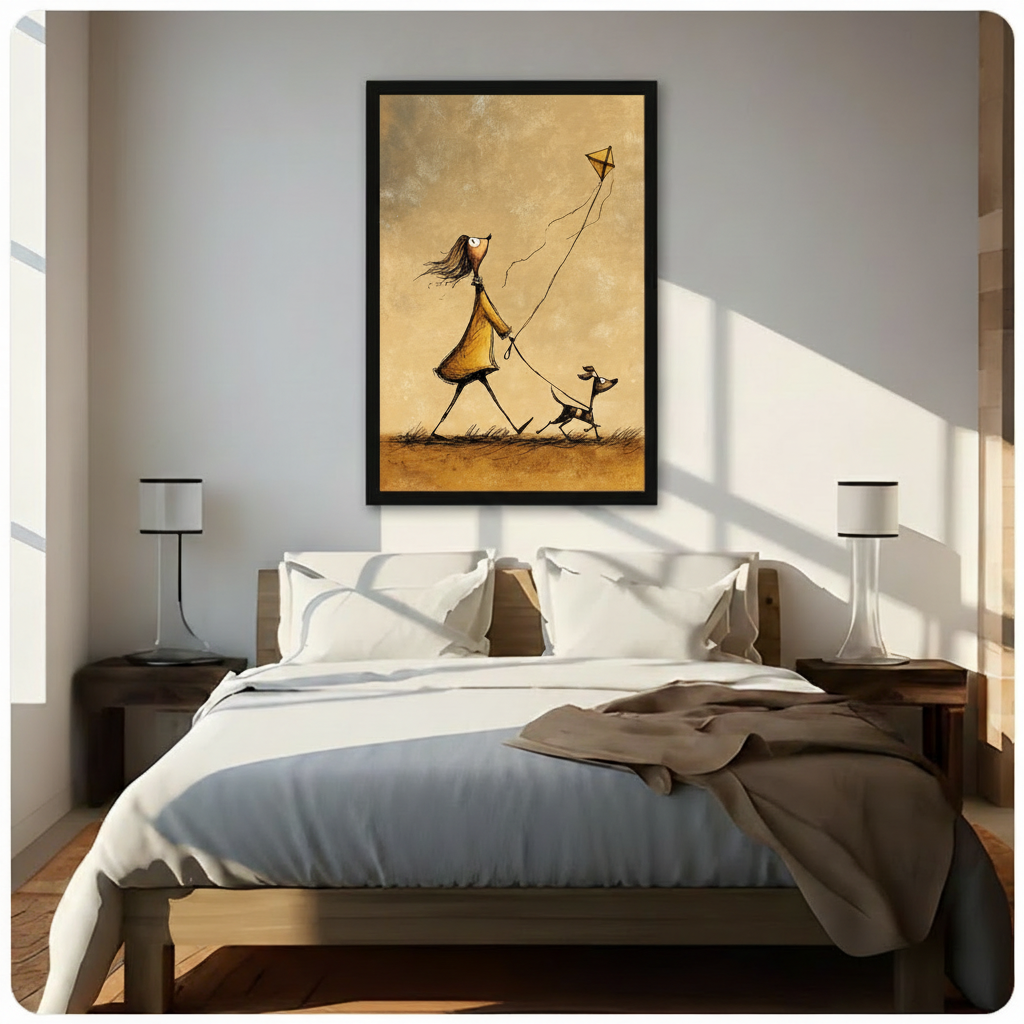 Charming girl and dog flying kite framed wall art print hung above a wooden bed with white linen in a sunlit minimalist bedroom with matching bedside lamps