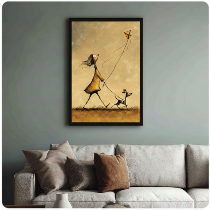 Black framed whimsical girl and dog kite art print in warm amber tones, styled above a neutral linen sofa on a sage green wall in a cosy living room