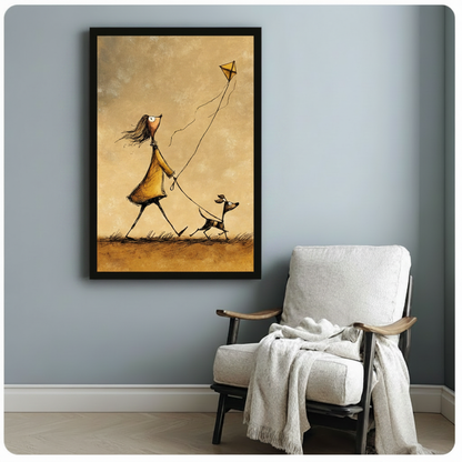 Vintage-style cartoon girl walking dog and flying kite framed art print hung on a blue-grey wall beside a white linen armchair with a throw blanket