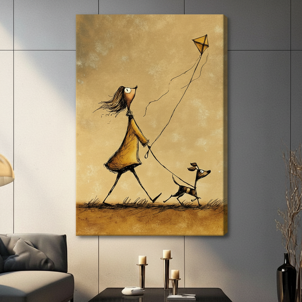 Canvas wrap wall art featuring a quirky line-drawn girl and her small dog flying a diamond kite on a warm golden vintage background, hung on a charcoal grey wall