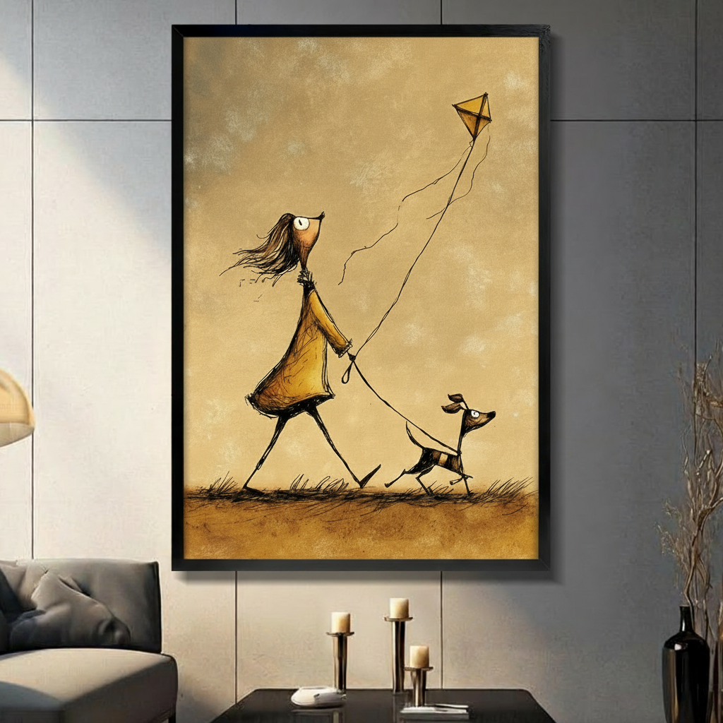 Framed wall art print of a whimsical cartoon girl in a yellow coat walking her dog while flying a kite, displayed on a dark grey wall above a console table with candle holders