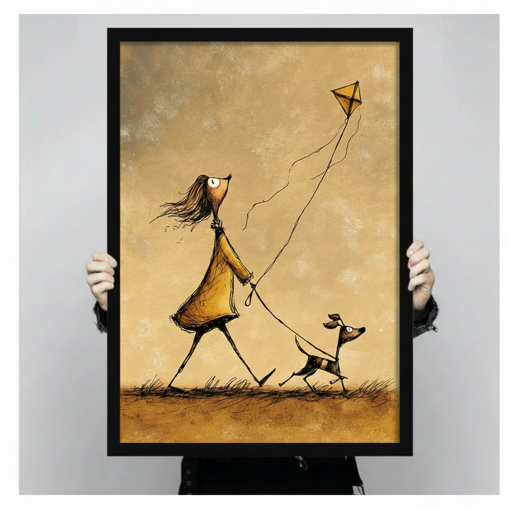 Hand-held close-up of a black framed illustration showing a whimsical long-legged girl in a yellow coat flying a kite with her small dog on a leash against a golden sepia background