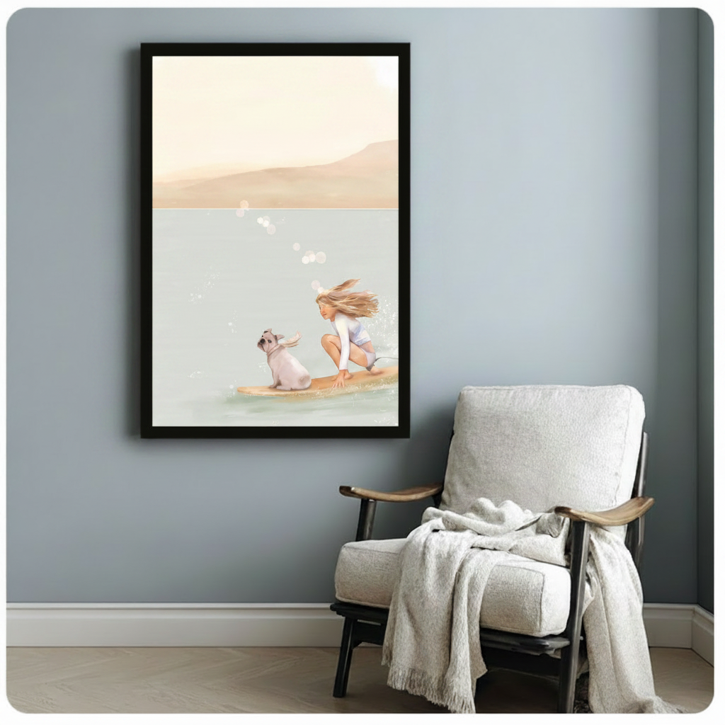 	Dreamy framed art print of a blonde girl and a bulldog on a surfboard with floating bubbles, styled beside a cozy white armchair