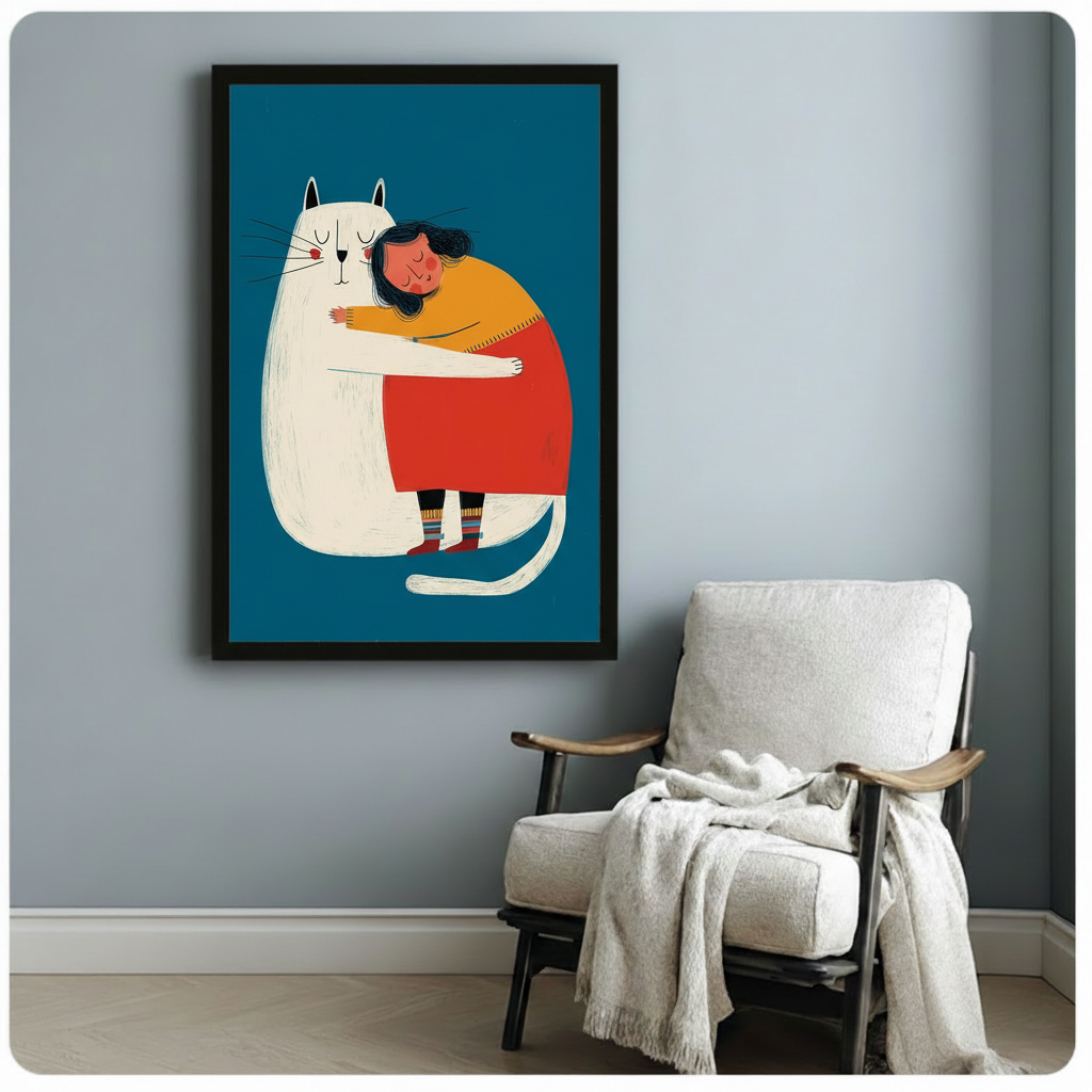 Colorful framed art print showing a girl hugging a fluffy white cat, displayed on a light blue wall beside an armchair