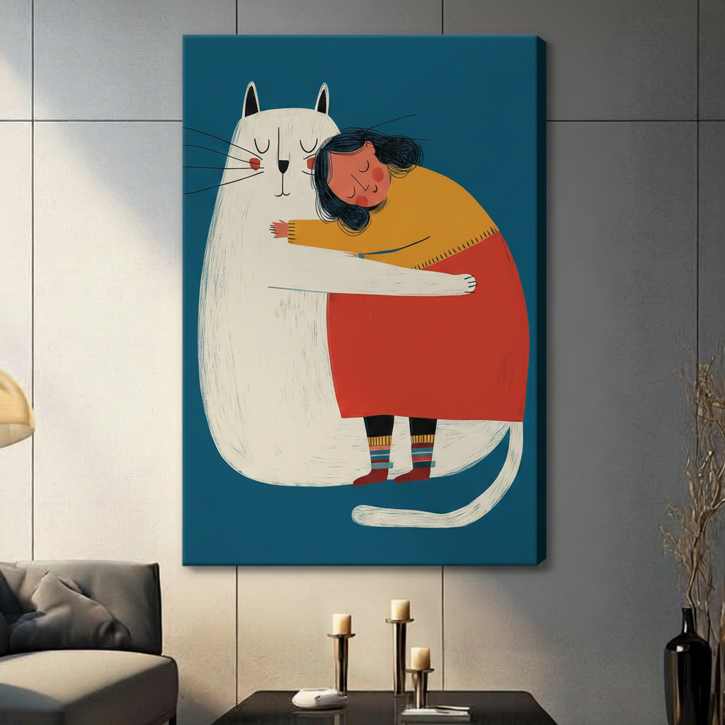 Canvas wall art featuring a cozy illustration of a girl embracing a large white cat, teal background, living room decor