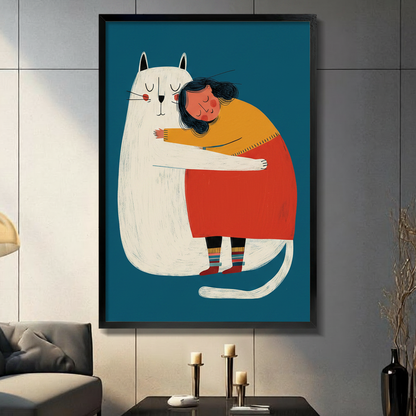 Framed wall art print of a girl hugging a giant white cat on teal background, displayed in a modern living room