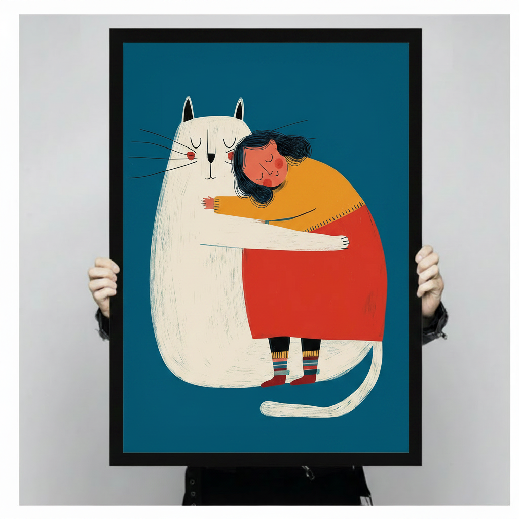 Close-up of a framed illustration print featuring a girl in red dress hugging a giant white cat, held up for size reference