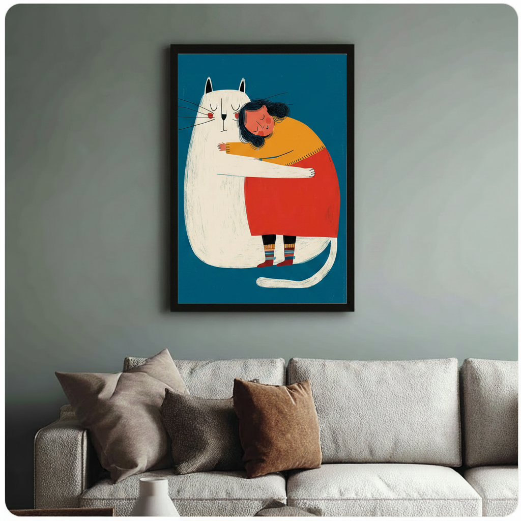 Whimsical framed poster of a girl cuddling a white cat in teal, hung above a neutral sofa in a Scandinavian-style room