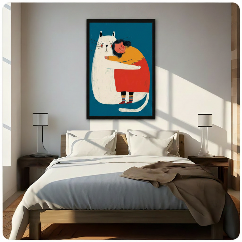 Framed cat lover wall art of a girl embracing a white cat on teal background, hung above a wooden bed in a bright bedroom