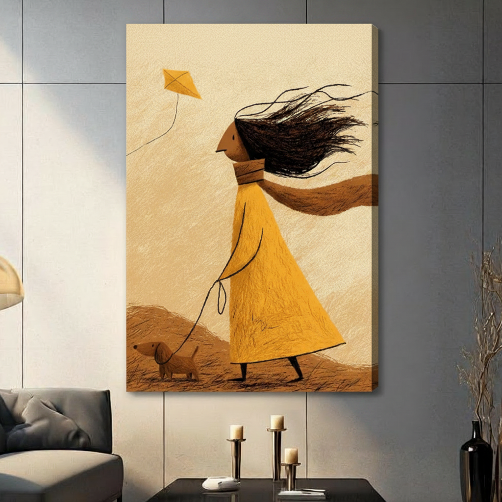Canvas wrap wall art featuring a stylized girl in yellow with flowing dark hair walking a small dog and flying a yellow kite, hung on a warm beige wall in a contemporary living room