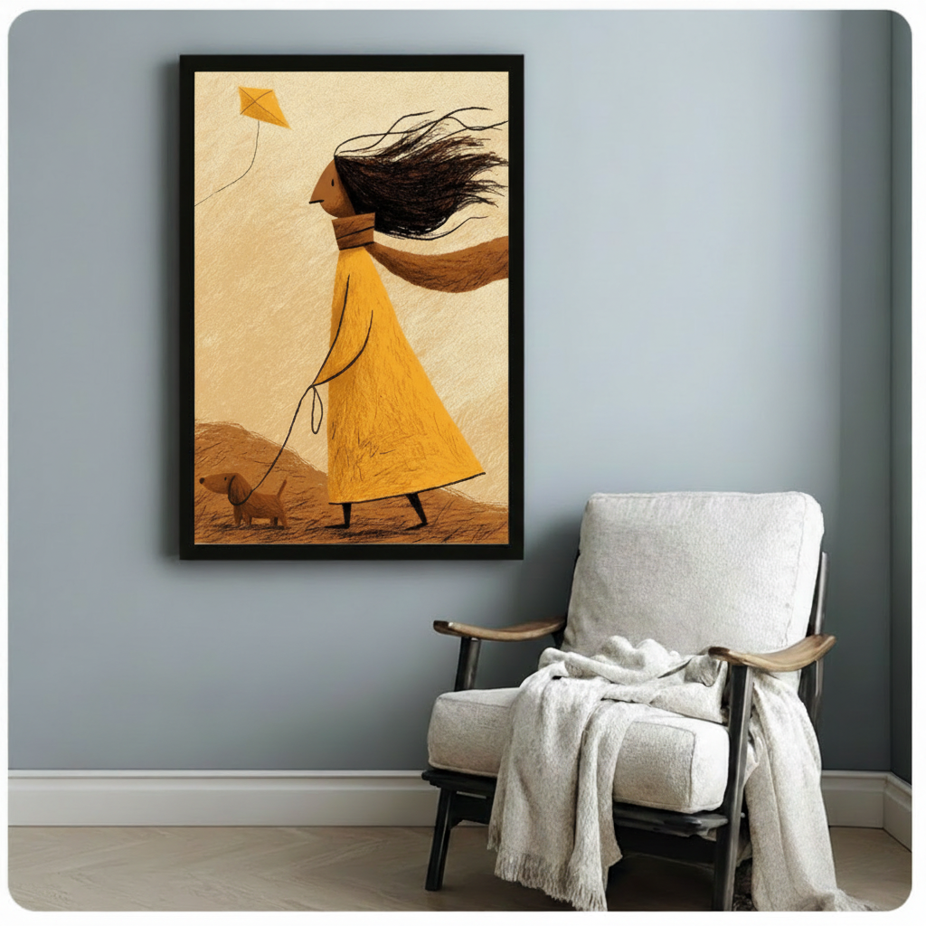 Black framed art poster of a whimsical wind-swept girl in a yellow dress with a dachshund and kite, styled above a white linen armchair in a minimalist Scandinavian room