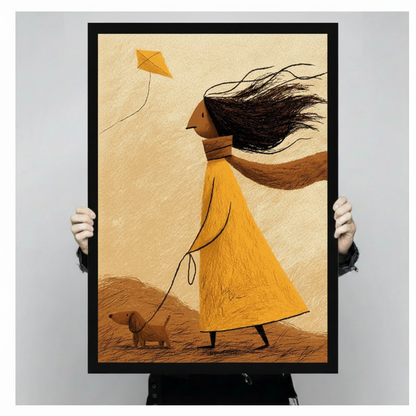 Person holding a black framed print of a charming illustrated girl in yellow walking her dachshund while flying a kite, shown against a neutral gray background