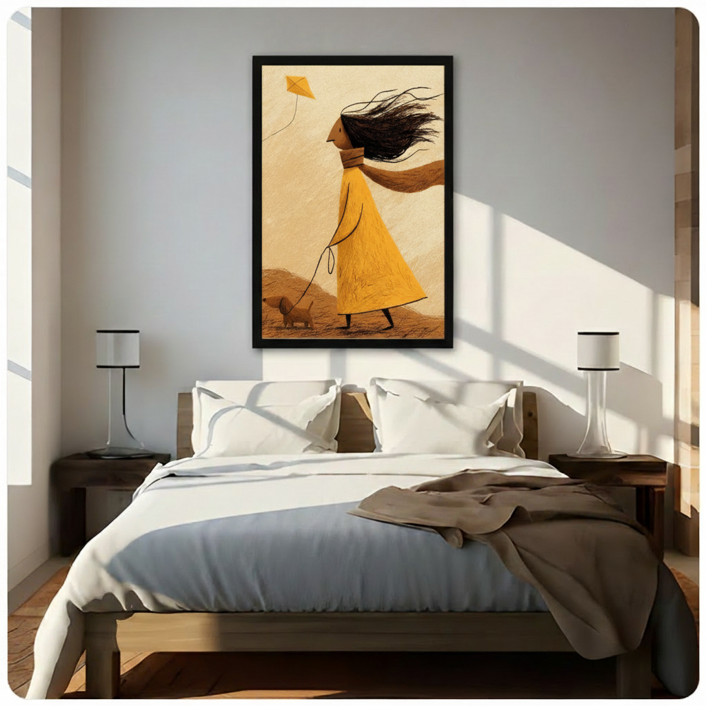 Framed wall art of a dreamy girl in a golden yellow dress flying a kite with her dachshund, hung above a bed in a sunlit neutral-toned bedroom with warm natural light