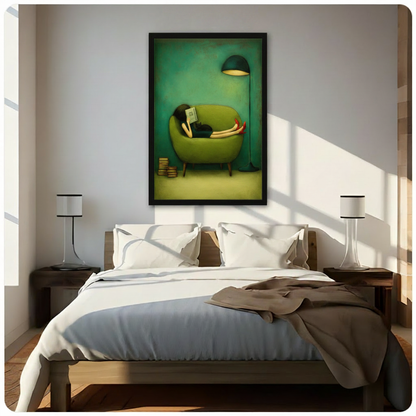 Girl reading with black cat wall art in black frame above bed in minimalist bedroom with warm morning sunlight, literary poster
