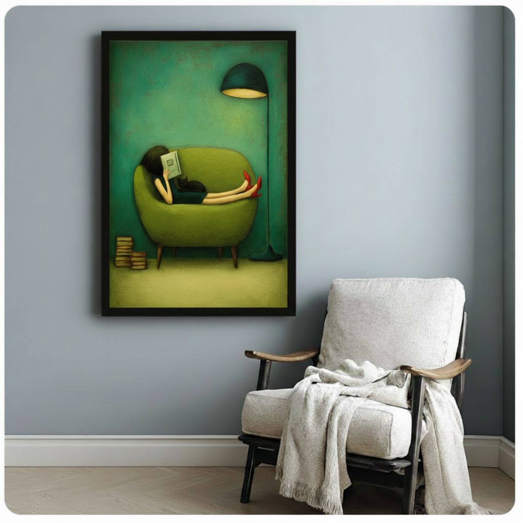 Girl reading with black cat oil painting poster in black frame on blue-grey wall beside linen armchair, cosy reading nook wall art