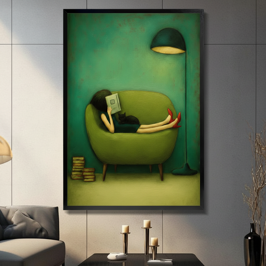 Girl reading book with black cat on green armchair wall art in black frame on grey wall, cosy literary home decor